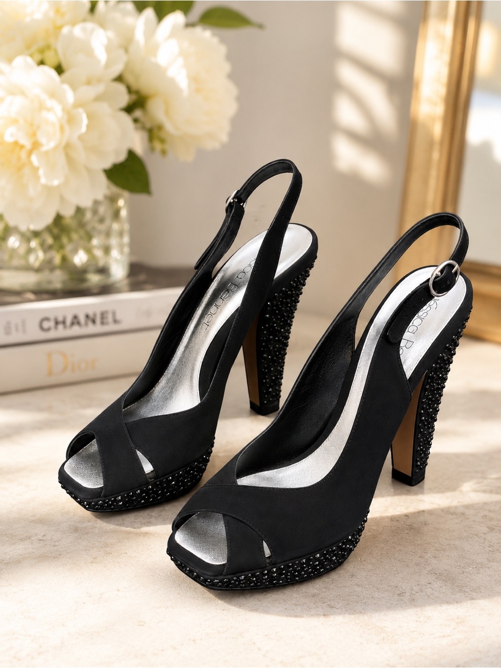 Jessica Bennett Black Crystal-Embellished Slingback Peep-Toe Platform Heels